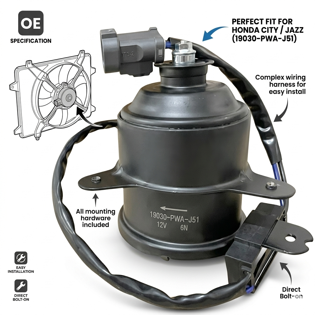 19030-PWA-J51 Radiator Cooling Fan Motor for Honda City / Jazz – 12V Direct Fit Replacement