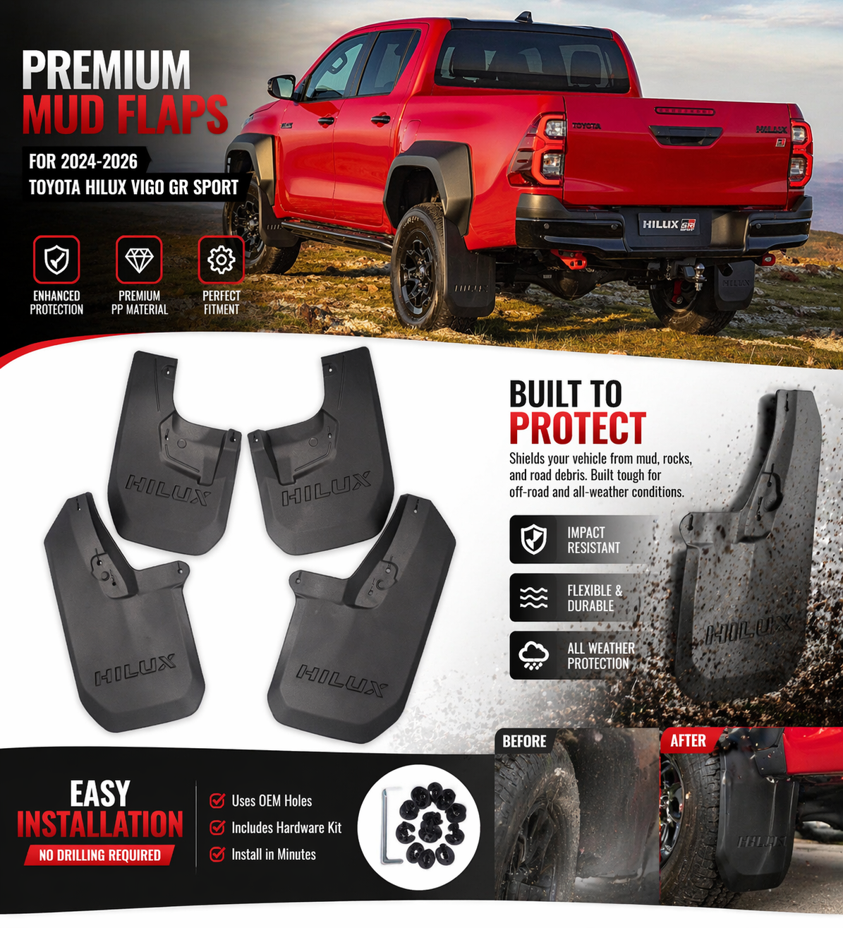 Mud Flaps for Toyota Hilux Vigo Revo GR Sport 2022-2026 | No Drill (YC102460)